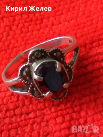 СТАРИНЕН МАРКАЗИТЕН СРЕБЪРЕН ПРЪСТЕН СРЕБРО 925 АВТОРСКИ с 2 ЩЕМПЕЛА и РЯДЪК ТЪМЕН АМЕТИСТ 48267, снимка 12 - Антикварни и старинни предмети - 50354750