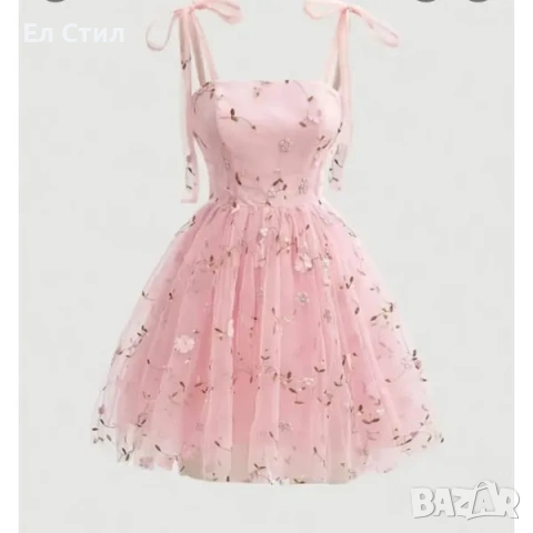 Розова тюлена рокля с бродерия на цветя , снимка 3 - Рокли - 53915442