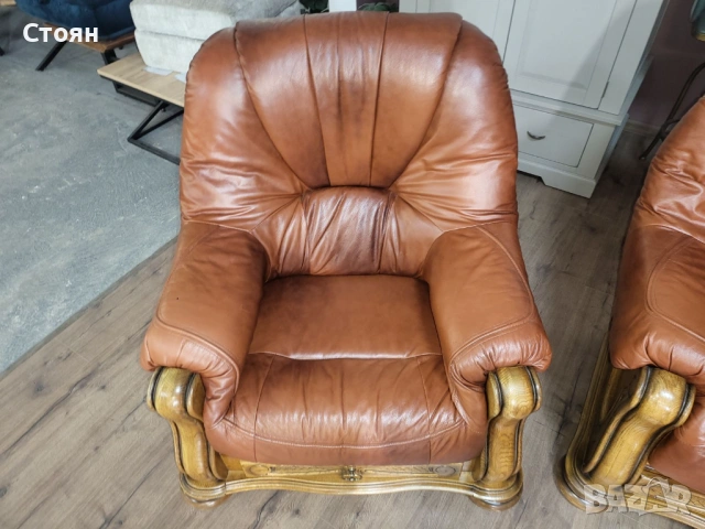 Кафяв комплект дивани тройка,двойка и фотьойл от естествена кожа и дъб, снимка 2 - Дивани и мека мебел - 53754113