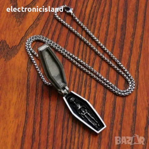 Винтидж отварящо се колие от неръждаема стомана във формата на ковчег и вътре скелет, пънк, вампир, снимка 6 - Колиета, медальони, синджири - 53940121