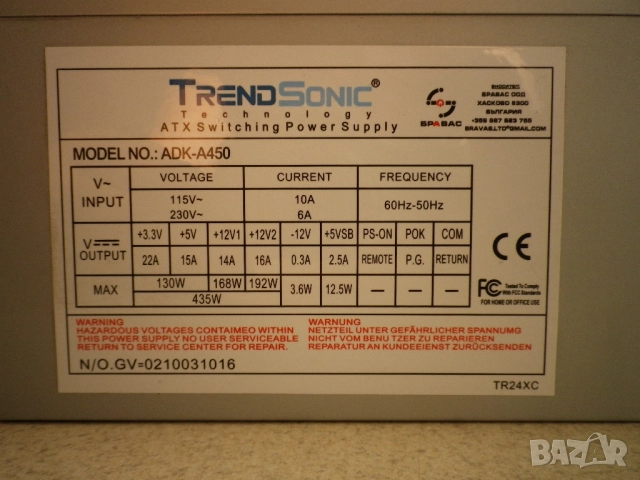 Захранване за компютър TrendSonic ADK-A450W, снимка 2 - Захранвания и кутии - 52853871