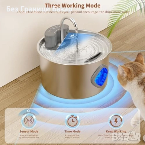 Нов Батериен фонтан за вода котка 3.2L инокс 304 3 режима 2 филтъра, снимка 3 - За котки - 53739288