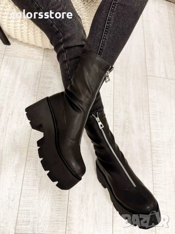 Боти на платформа - черна кожа - LT10 