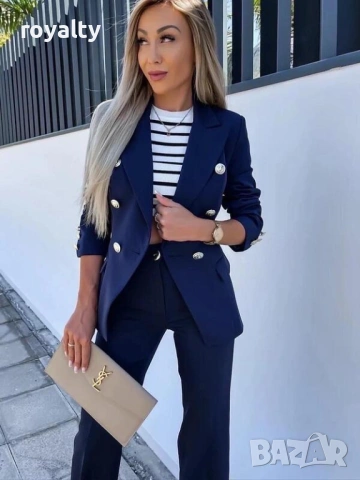 Дамски Елегантен Тъмно Син Костюм с Копчета, снимка 3 - Спортни екипи - 54097132