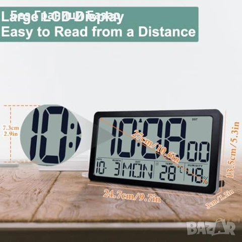 Нов 10.5" Голям LCD дигитален часовник аларма температура влажност, снимка 3 - Друга електроника - 53523747