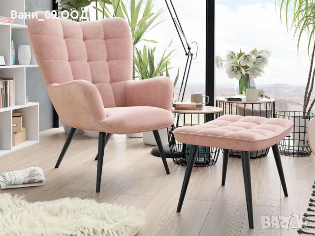 Релакс фотьойл с табуретка в розов цвят, снимка 1 - Дивани и мека мебел - 46425887