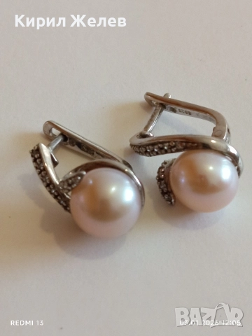 Елегантни сребърни обеци с инкростация перла и диамантени люспи стерлингово сребро 50989, снимка 8 - Обеци - 52962022