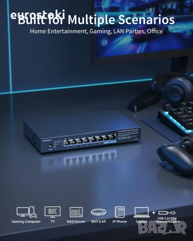 BrosTrend 8-портов 2.5G Ethernet мултигигабитов неуправляем мрежов комутатор, 2.5Gb поддържащ 