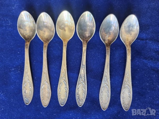 Лъжички за кафе, сладко - комплект 6 бр. дълбоко посребрен мелхиор, мод."Пламя", от СССР, неползвани, снимка 3 - Прибори за хранене, готвене и сервиране - 51177971
