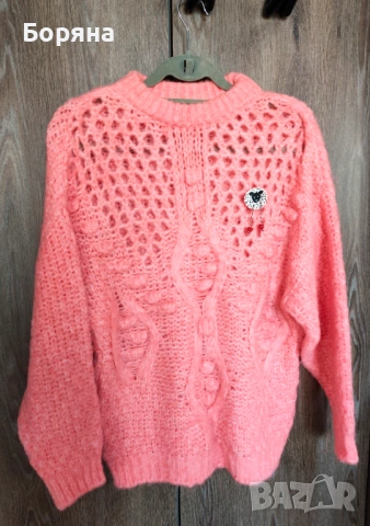 MANGO - Разкошен бебешко розов мохерен пуловер с брошка, снимка 5 - Блузи с дълъг ръкав и пуловери - 34359032