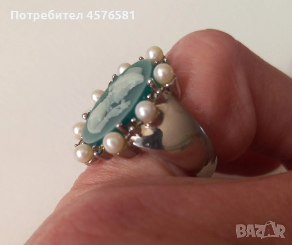 рядко срещан сребро с 2 печата халцедон перли идиамантчета 19мм, снимка 2 - Антикварни и старинни предмети - 52422700