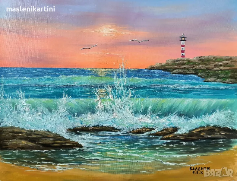 Морски пейзаж вълни и морски фар маслена картина , снимка 1
