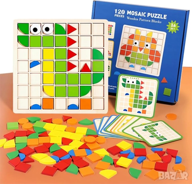 Пъзел с мозаечни форми, 120 броя дървени блокчета с 20 броя дизайнерски карти, снимка 1