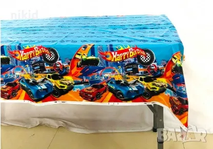 Happy Birthday Hot Wheels Хот Уилс кола коли рали найлонова покривка за парти рожден ден, снимка 1