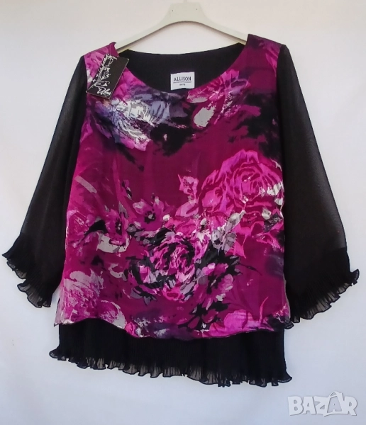 Дамска луксозна  копринена блуза с прозрачни черни ръкави., снимка 1