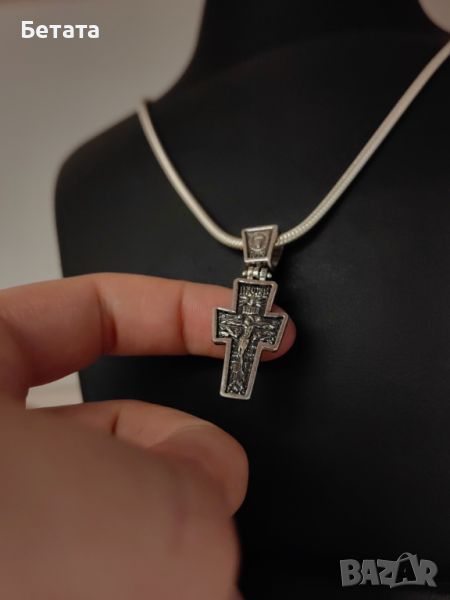 Сребърен кръст, кръст с разпятие, православен кръст, сребърен двулицев кръст, сребро 925, снимка 1