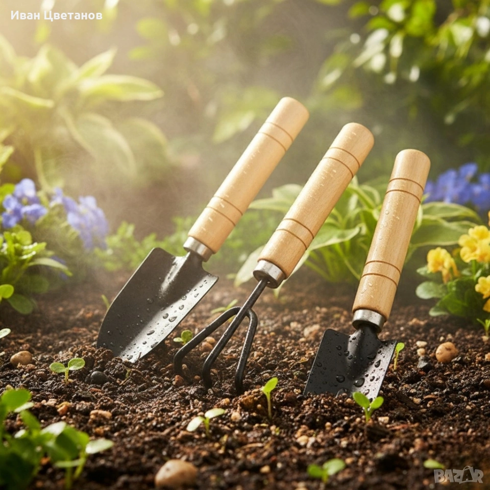 Комплект мини градински инструменти с дървени дръжки – 3 части, снимка 1