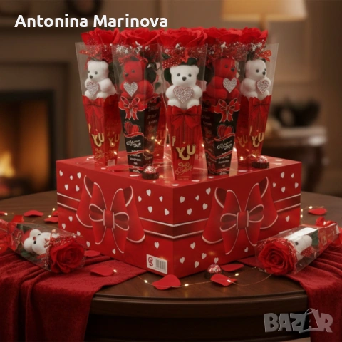 Романтичен букет с мече и червени рози, снимка 6 - Романтични подаръци - 53084062