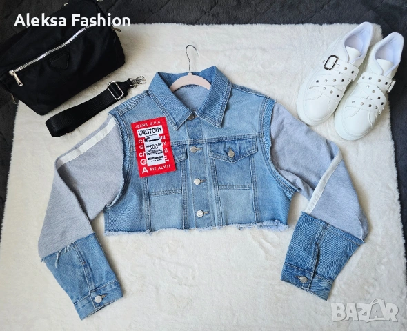 Дамско късо дънково яке с ръкави от плат , снимка 10 - Якета - 52819452