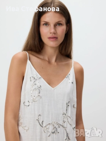 Бяла нова  дълга елегантна midi миди дължина рокля пайети 80% вискоза, 20% лен ленена , снимка 4 - Рокли - 45697745