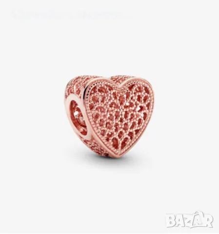 Сребърен елемент PANDORA 925 Rose Gold Filigree Heart, снимка 3 - Гривни - 46975613