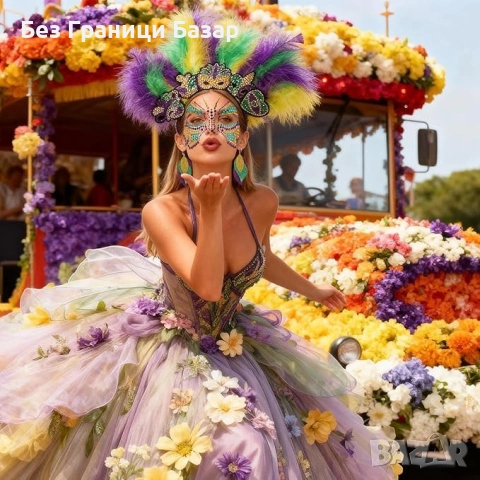 Нов женски Карнавален комплект аксесоари с пера, гердани и стикери за лице, снимка 3 - Други - 53817393