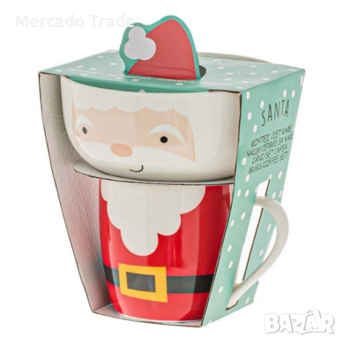 Комплект коледна чаша и купа Mercado Trade, Дядо Коледа, Бяло с червено, снимка 3 - Чаши - 52305478