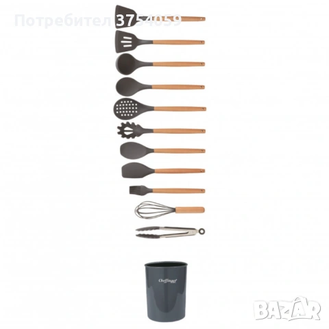 Комплект 12 части кухненски прибори със стойка Cheffinger – силиконови накрайници, дървени дръжки, снимка 2 - Прибори за хранене, готвене и сервиране - 53174040