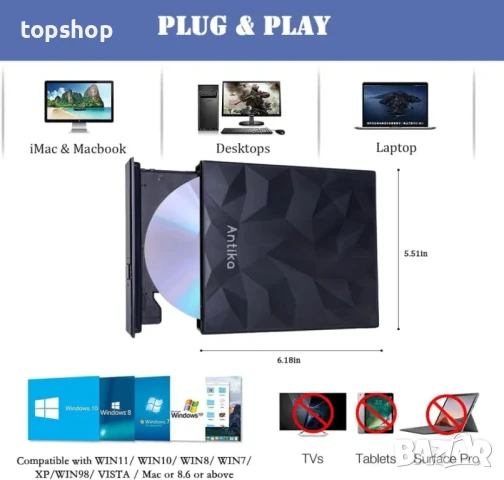 Външен диск четец Antika - CD DVD-RW устройство, Type C USB 3.0, вграден кабел, снимка 4 - Други - 50542583