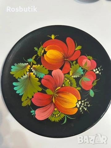 Руска/ съветска дървена ръчно рисувана чиния - Хохломска  живопис , снимка 2 - Колекции - 53422828