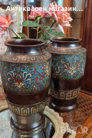 Cloisonne  Античен комплект вази -1920 г. , снимка 2 - Вази - 48893129