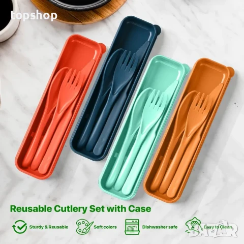 НОВИ комплект дебели пластмасови прибори за многократна употреба в кутийки, 8 комплекта. Включва..., снимка 2 - Прибори за хранене, готвене и сервиране - 50495036