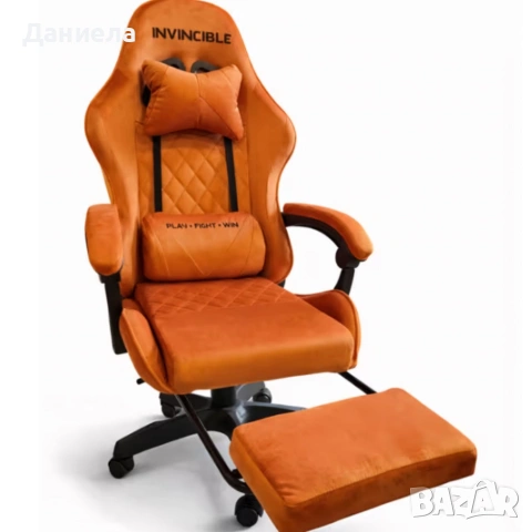 Оранжев велурен геймърски стол с поставка за крака – ергономичен, метална рамка, снимка 7 - Столове - 53237777