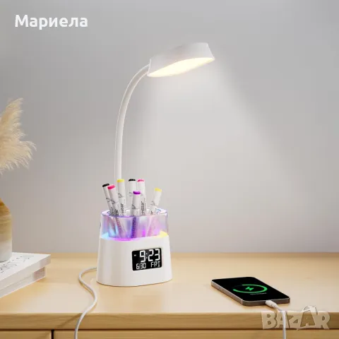  LED настолна лампа с държач за писалка и USB порт / RGB светлина / Светещ Часовник, снимка 3 - Други - 48411669