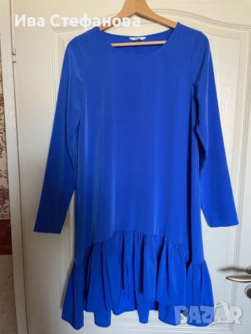 Разкошна къса синя ежедневно елегантна широка кройка рокля волани къдри , снимка 2 - Рокли - 46440026
