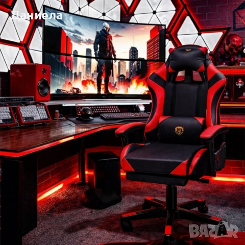 Удобен геймърски стол с поставка за крака и масажна лумбална възглавница, Черно-червен, снимка 3 - Столове - 53443491