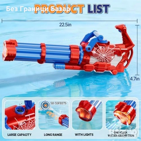 Нов Автоматичен воден пистолет Spider 1500ml LED светлини звук деца игра, снимка 2 - Други - 53644477