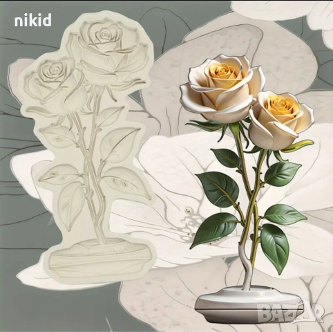 Вечна роза 2 стръка на стойка силиконов молд форма фондан декор украса, снимка 3 - Форми - 53788281