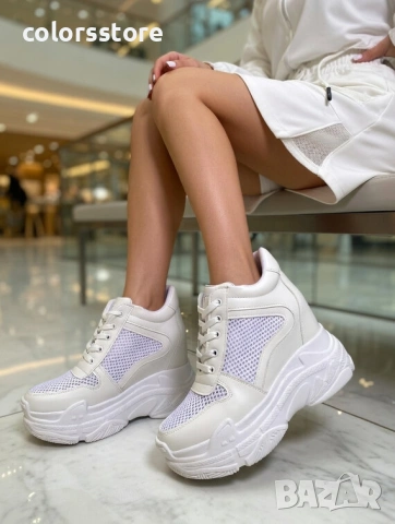 Кецове на платформа - бяла кожа с мрежа - PA100-2 