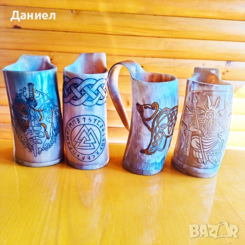 Чаши  от истински биволски рог и гравюри с викингски мотиви - тип халба, снимка 16 - Други - 53216189