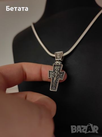 Сребърен кръст, кръст с разпятие, православен кръст, сребърен двулицев кръст, сребро 925