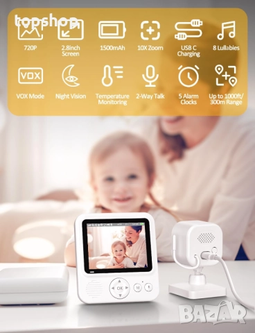 Нов бебефон OBVHNUA 2.8-инчов 720p с 1500 mAh батерия тип C, акумулаторна, 10x цифрово увеличение..., снимка 4 - Бебефони - 52227351