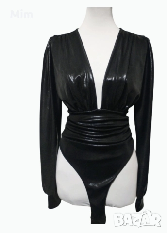  Резервирани Италиянско Черно боди с дълъг ръкав с кожен мокър ефект , снимка 2 - Бельо - 52620863