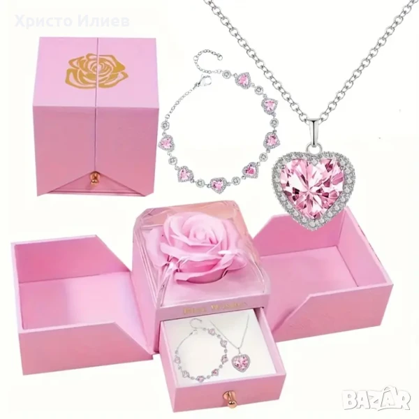 Луксозен комплект бижута с розов кристал и подаръчна кутия с роза Перфектният романтичен подарък, снимка 1