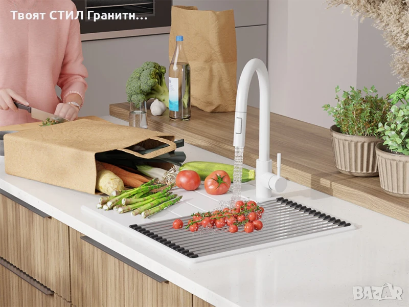Бяла кухненска гранитна мивка Копенхаген 40 Top 550 x 500 мм, снимка 1