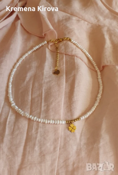 Чокър с фини перли и стомана. С четирилистна детелина за късмет. Бижута Луди гъби. Ръчна изработка., снимка 1