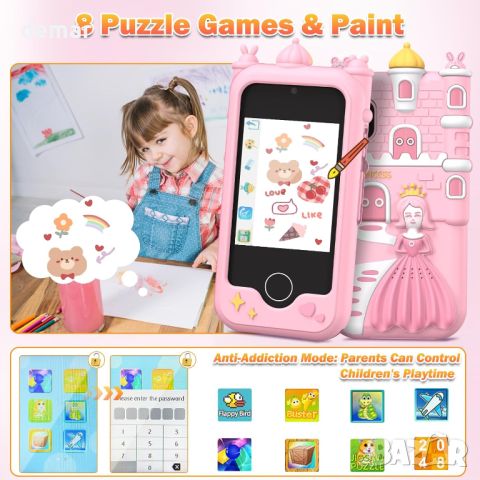 Gofunly Детски смарт телефон за деца 3+ г., 2,8-инчов, сензорен екран с 32 GB карта, камера, розов, снимка 2 - Образователни игри - 46306492