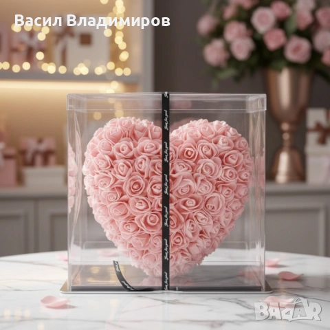Декоративно сърце от изкуствени рози в подаръчна кутия, снимка 3 - Декорация за дома - 53072146