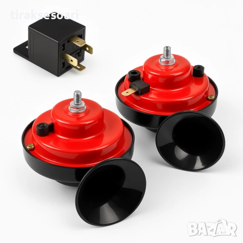 Комплект двутонни тромби клаксони тип „Охлюв“ 12V 120dB с реле 2 PIN