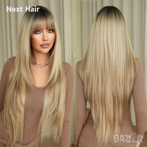 85 см перука на пластове - руса с кафяви фини кичури и тъмни корени, снимка 3 - Аксесоари за коса - 53899055